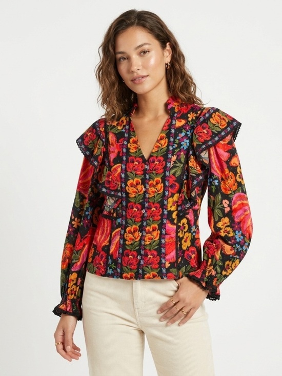 FARM Rio Tops - FARM Rio NWOT Black Floral Ruffle Swiss Dot Cotton Blouse Large